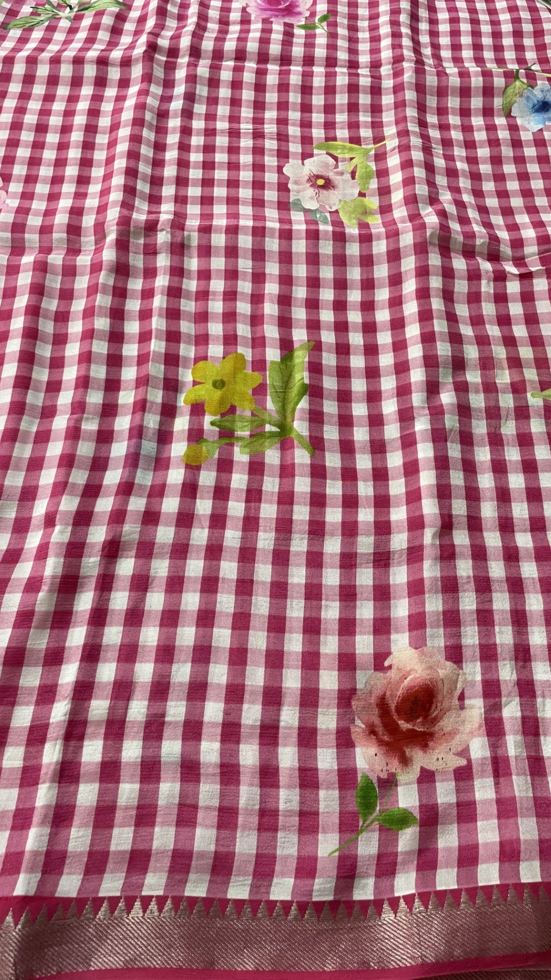 Pink Checks Printed Pure Mangalgiri Silk Saree