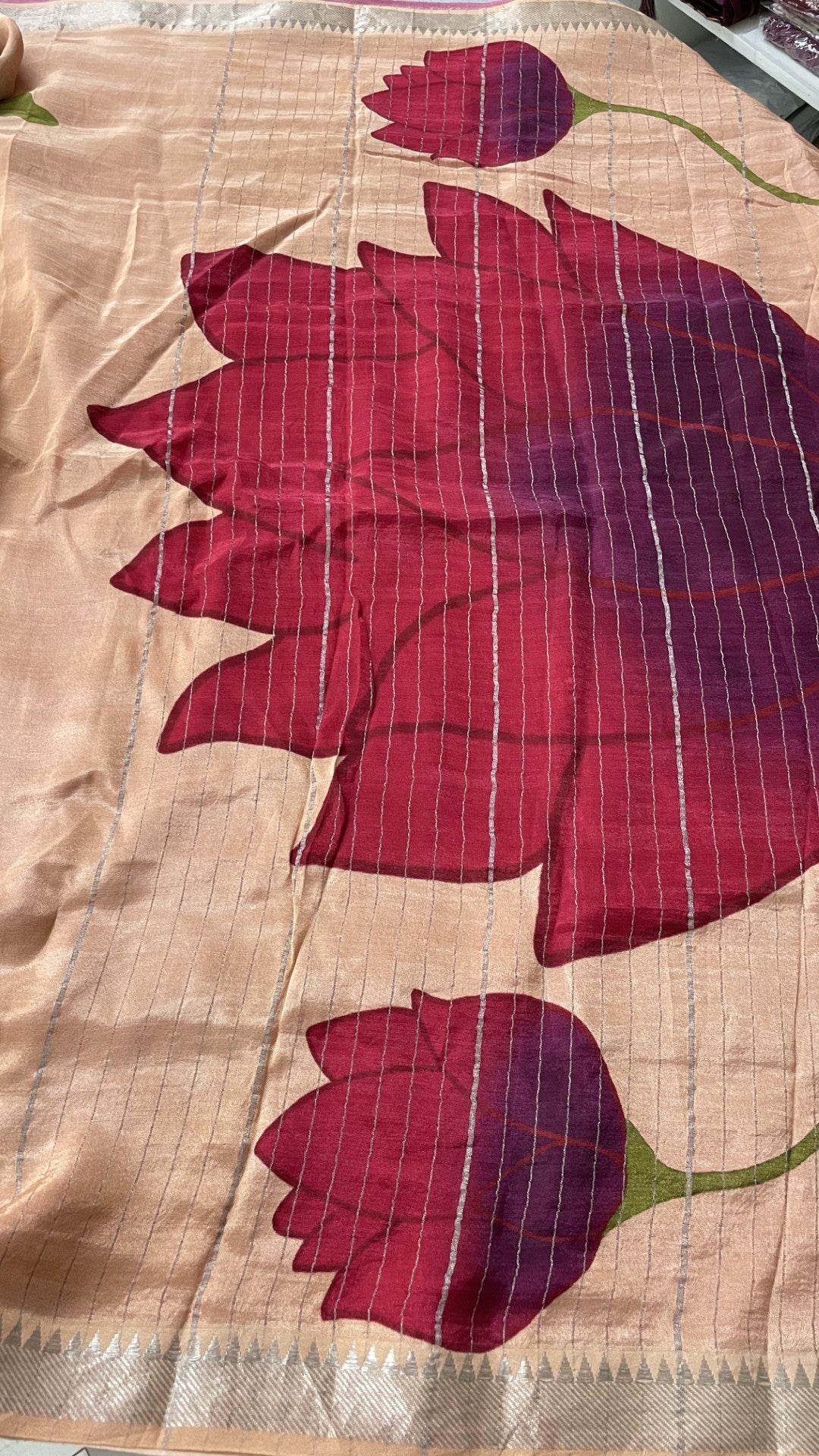 Peach Floral Printed Pure Mangalgiri Silk Saree
