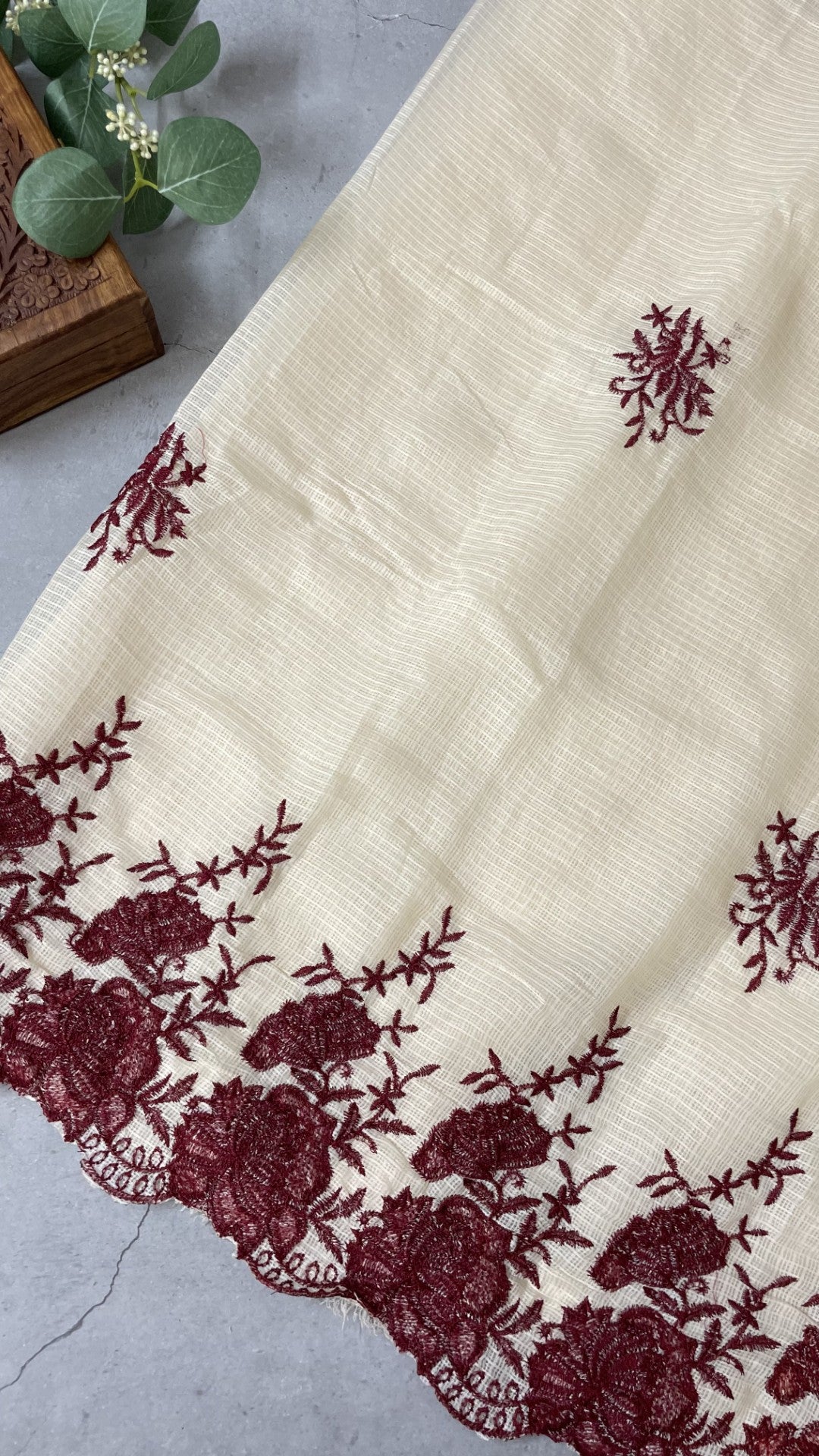 Off White N Maroon Embroidery Kota Saree