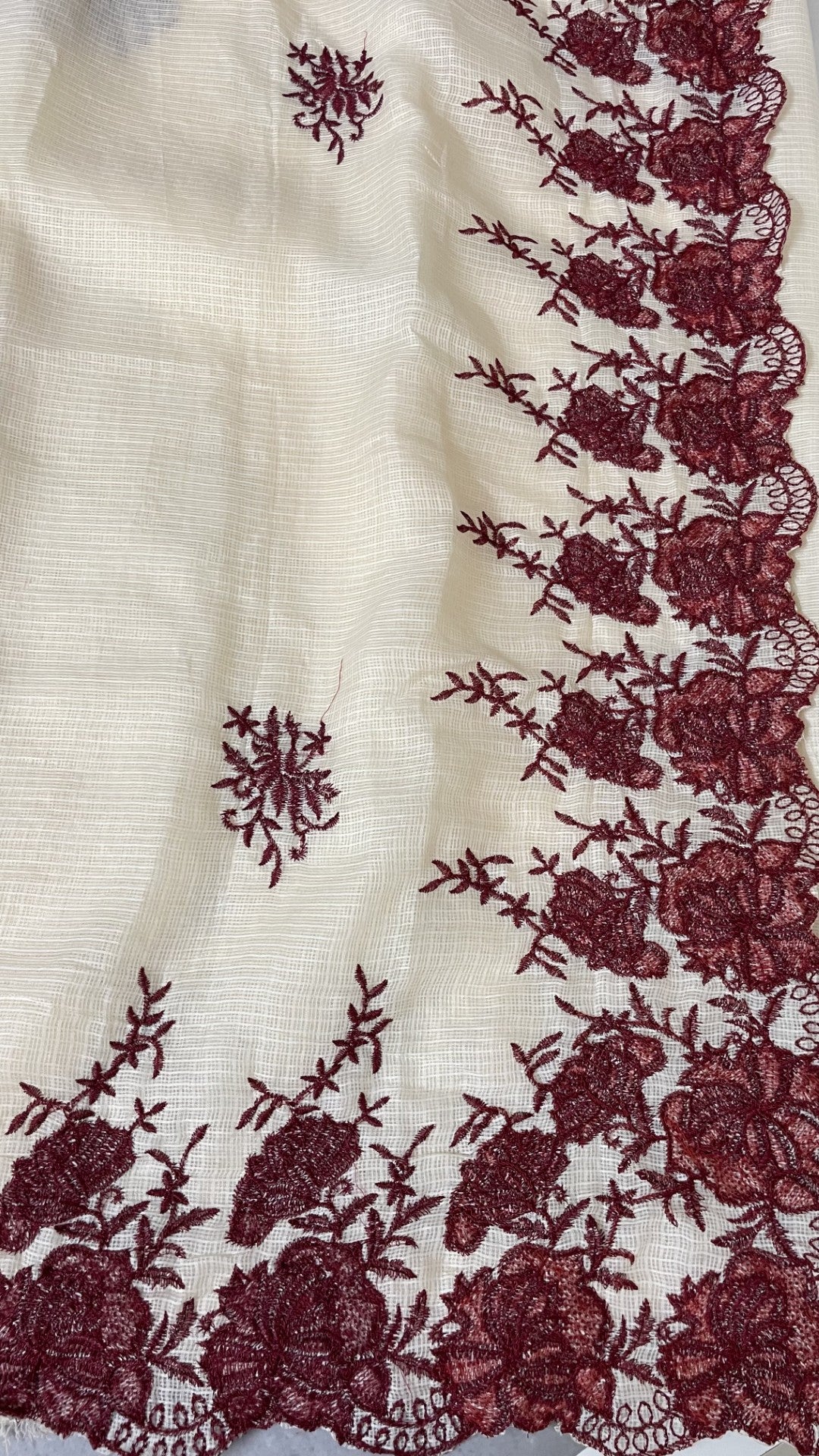 Off White N Maroon Embroidery Kota Saree