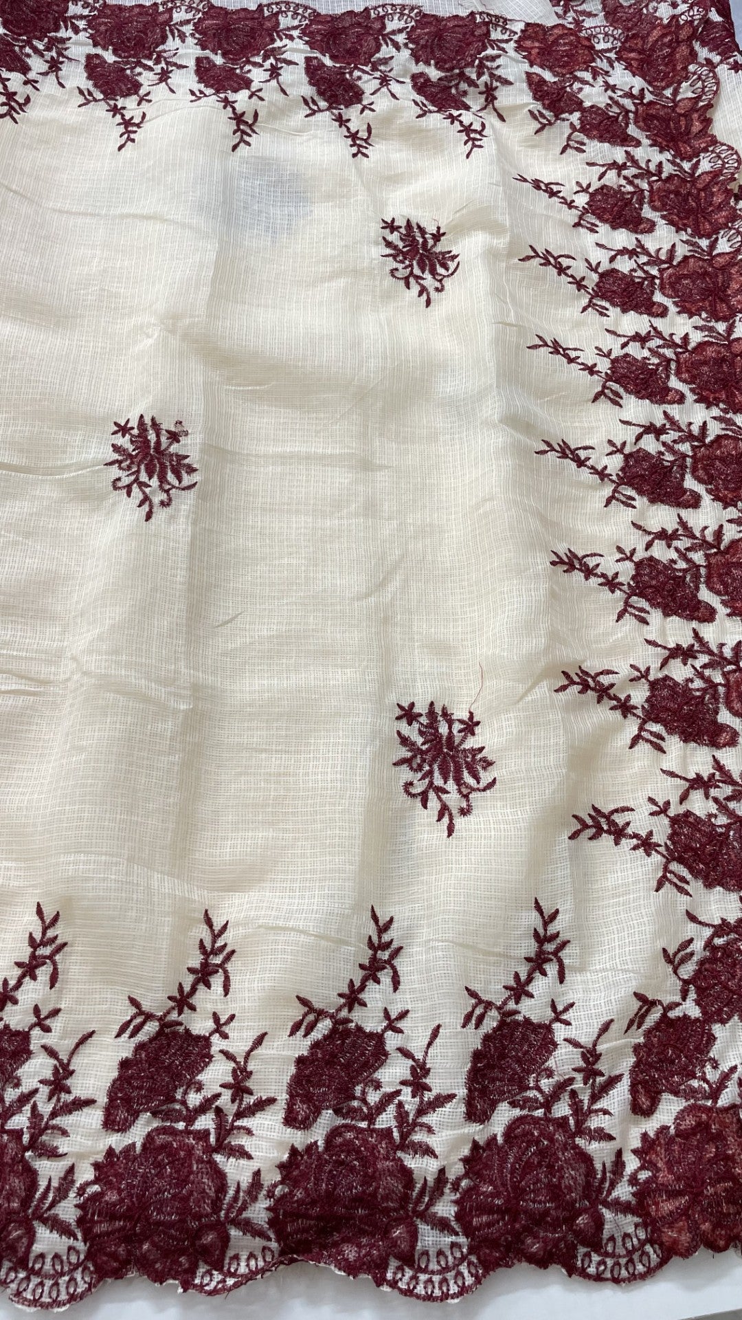 Off White N Maroon Embroidery Kota Saree