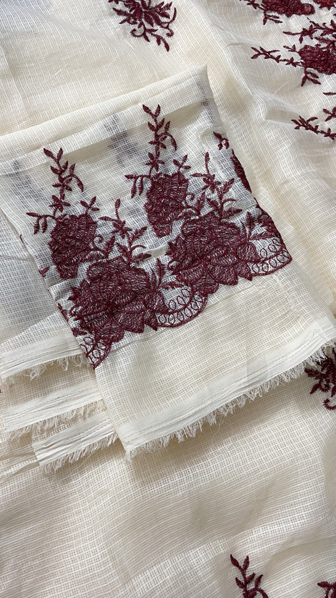 Off White N Maroon Embroidery Kota Saree