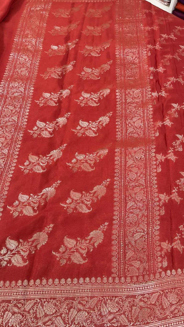 Red Lehariya Banarasi Pure Crepe Chinnon Silk Saree