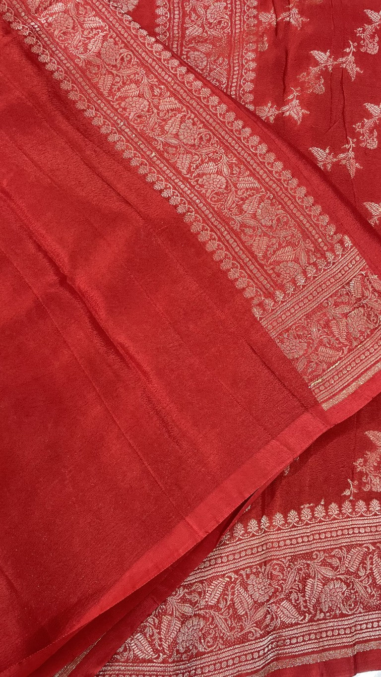 Red Lehariya Banarasi Pure Crepe Chinnon Silk Saree