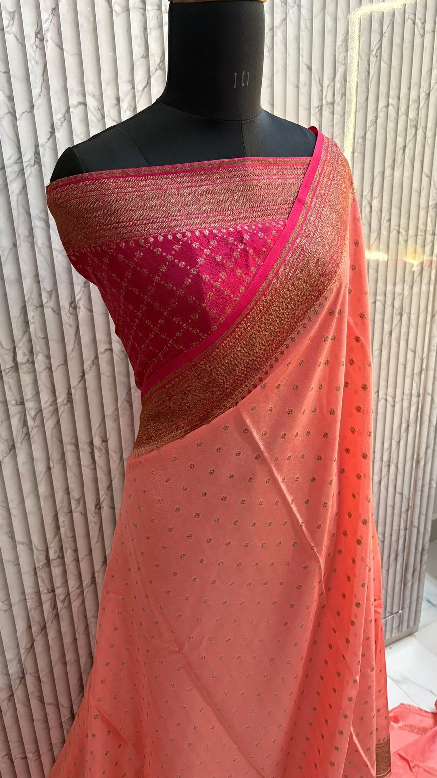Peach N Pink Koniya Banarasi Pure Crepe Chiffon Saree