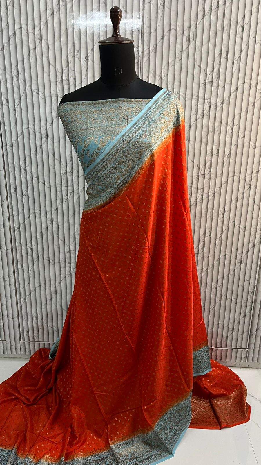 Orange N Blue Koniya Banarasi Pure Crepe Chiffon Saree