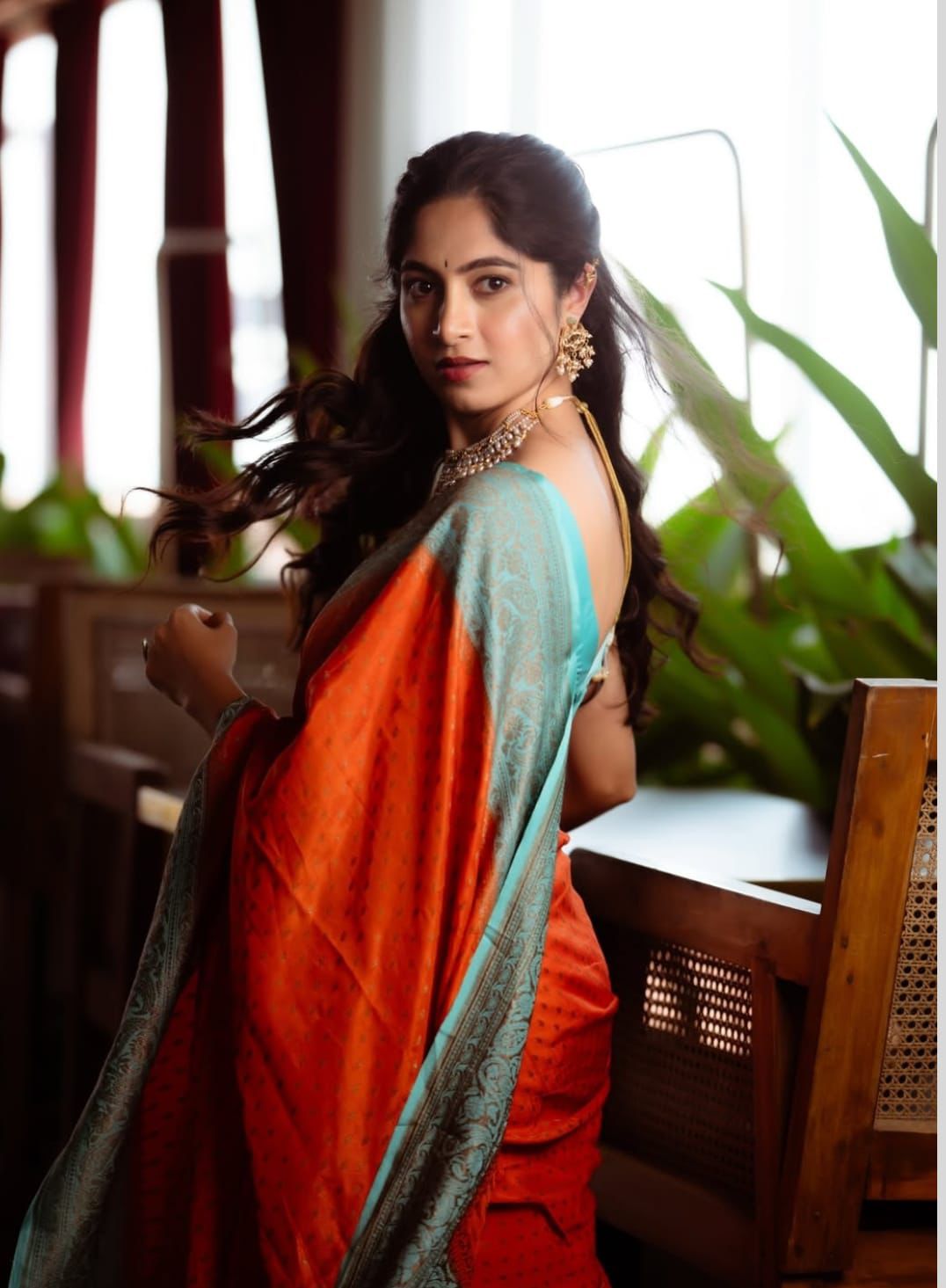 Orange N Blue Koniya Banarasi Pure Crepe Chiffon Saree
