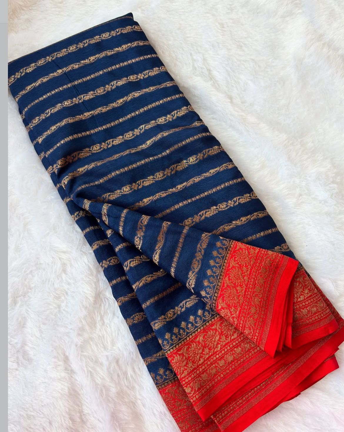 Blue N Red Stripes Banarasi Pure Crepe Chiffon Saree