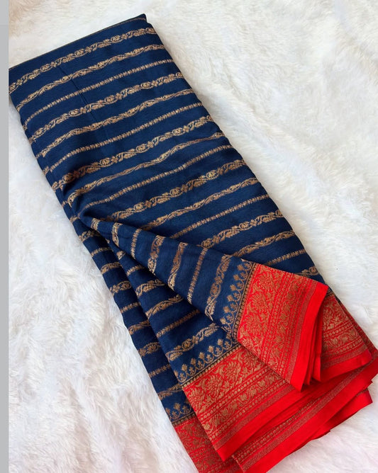 Blue N Red Stripes Banarasi Pure Crepe Chiffon Saree