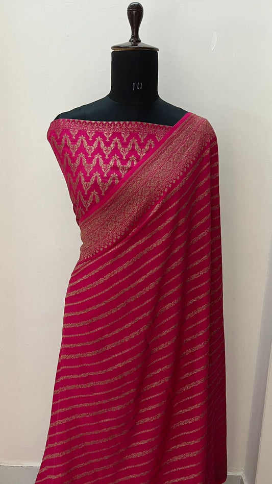 Pink Stripes Banarasi Pure Crepe Chiffon Saree