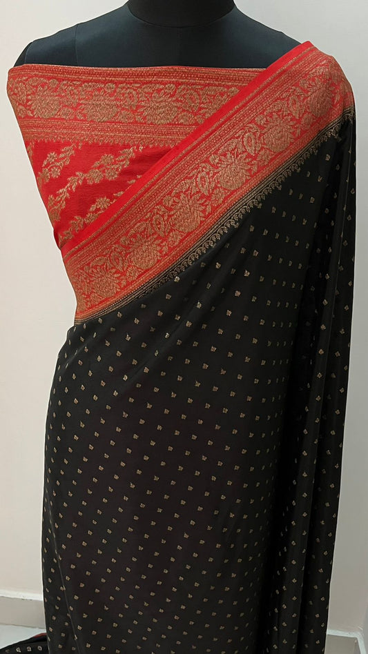 Black N Red Banarasi Pure Crepe Chiffon Saree