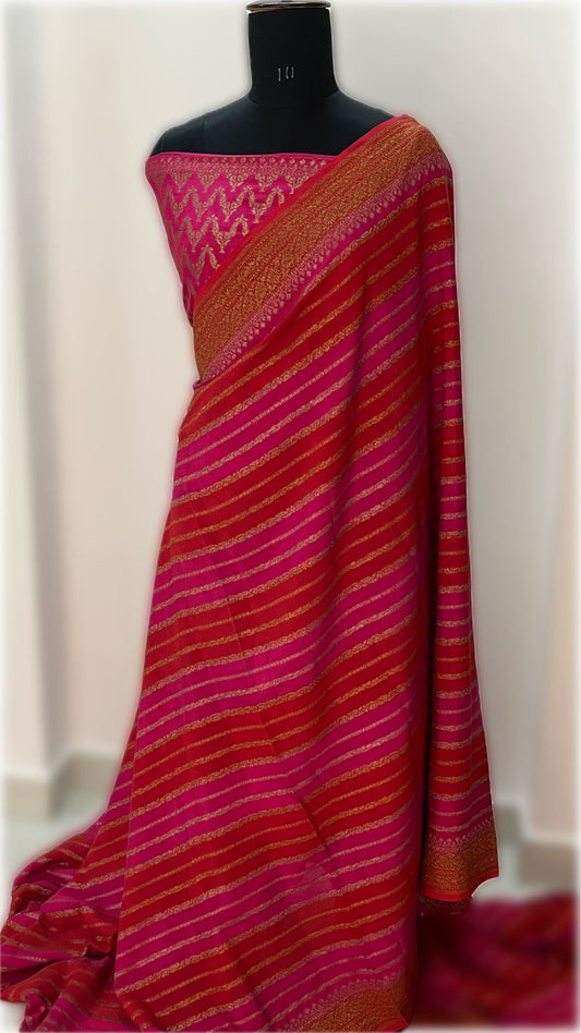 Pink Shaded Stripes Banarasi Pure Crepe Chiffon Saree