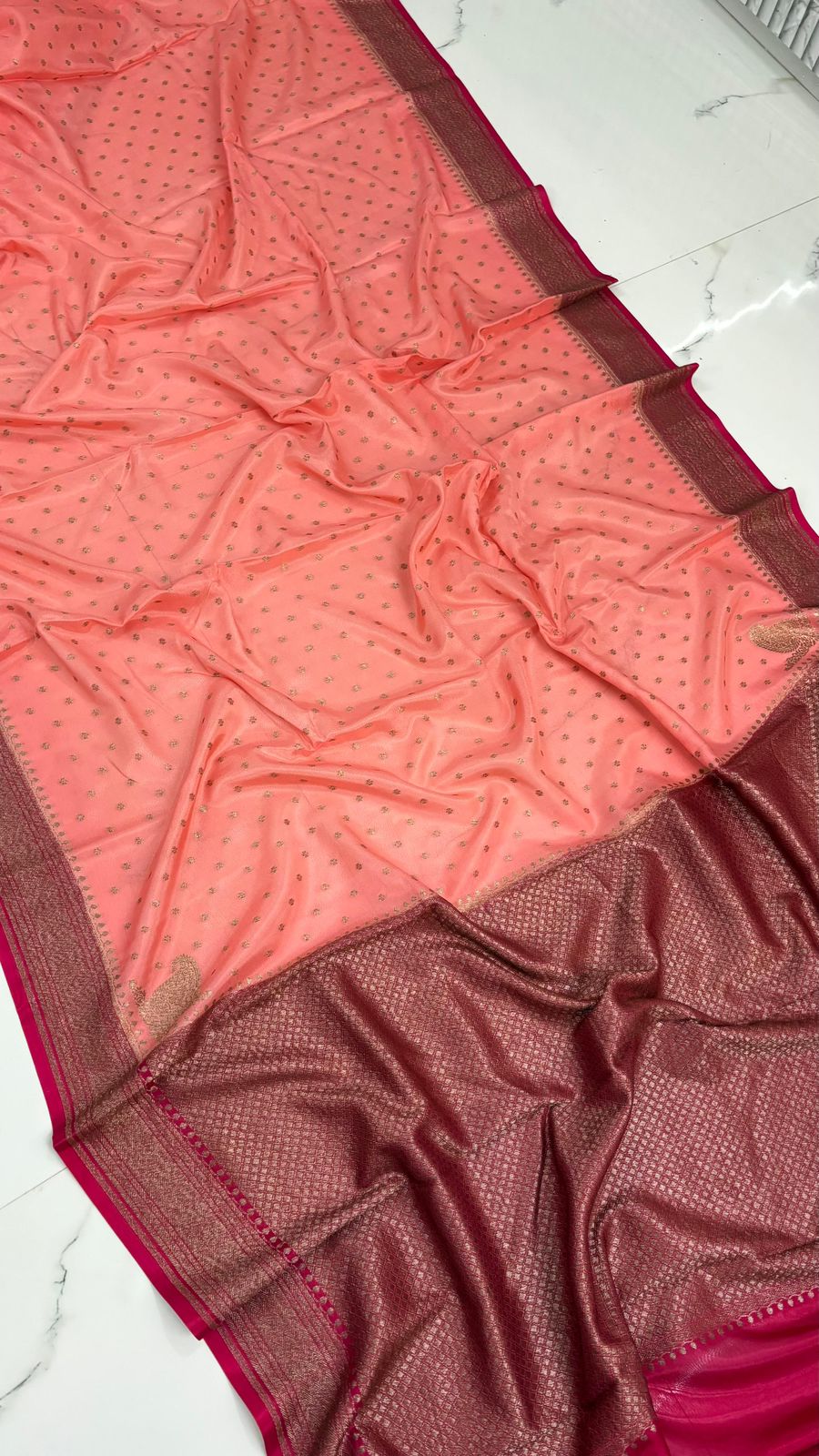 Peach N Pink Koniya Banarasi Pure Crepe Chiffon Saree