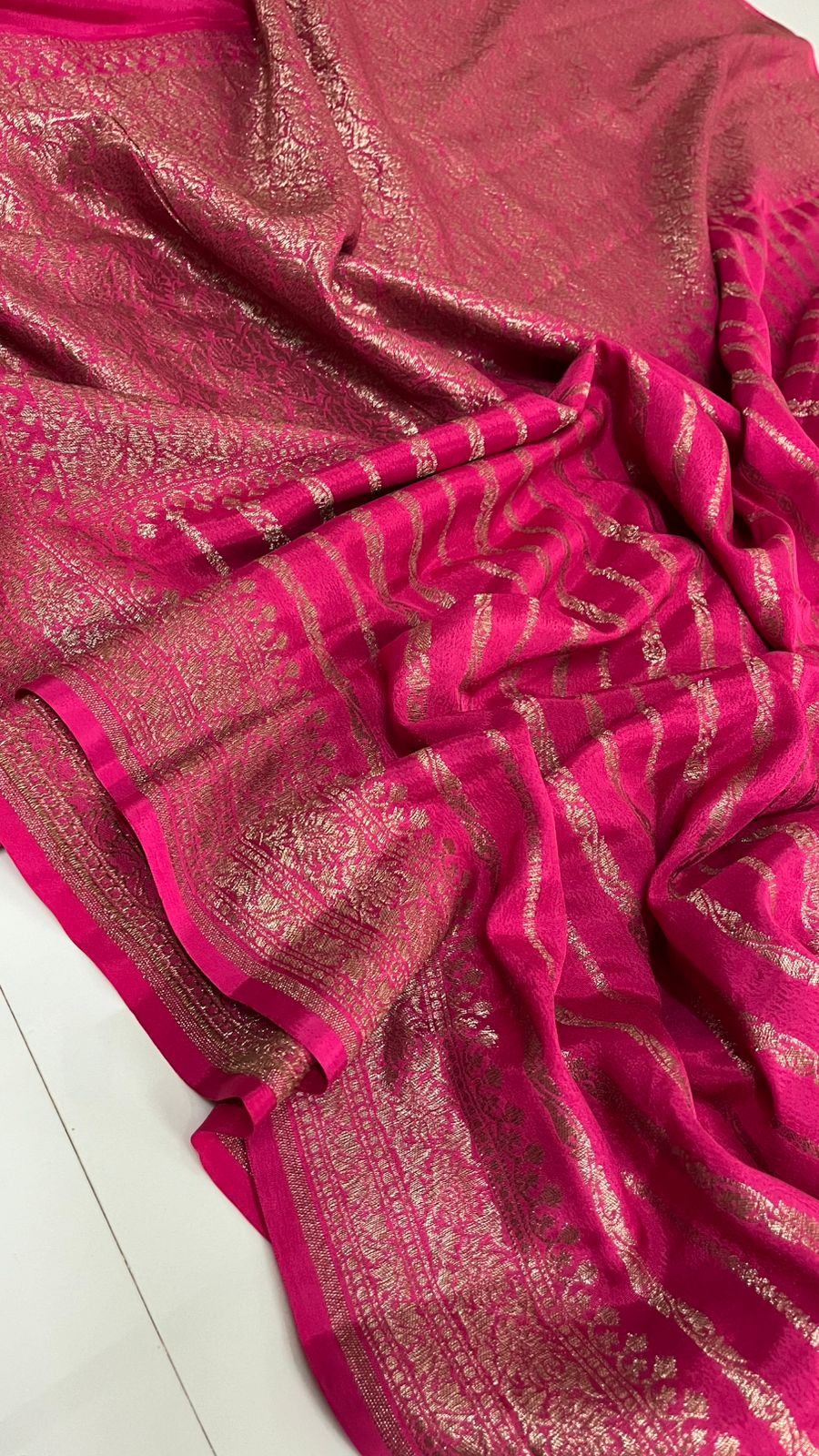 Pink Stripes Banarasi Pure Crepe Chiffon Saree