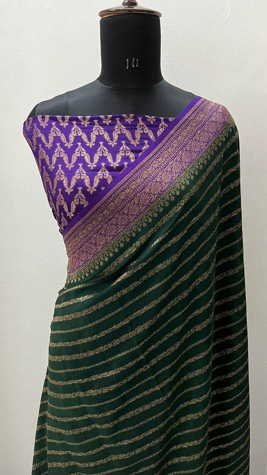Green N Purple Stripes Banarasi Pure Crepe Chiffon Saree