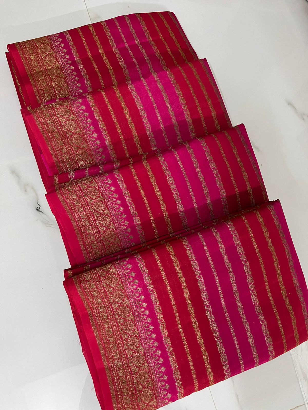 Pink Shaded Stripes Banarasi Pure Crepe Chiffon Saree