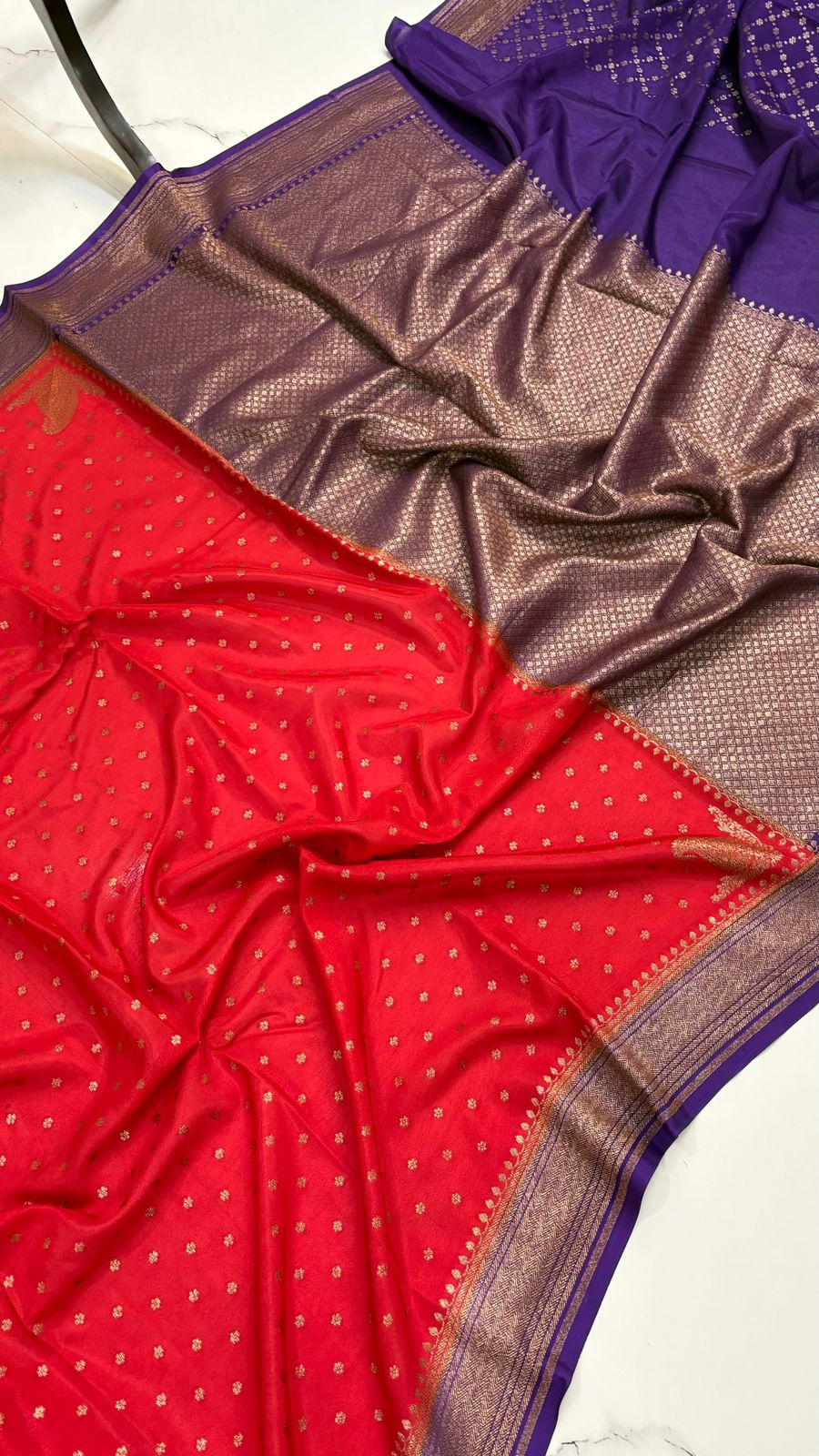 Red N Purple Koniya Banarasi Pure Crepe Chiffon Saree