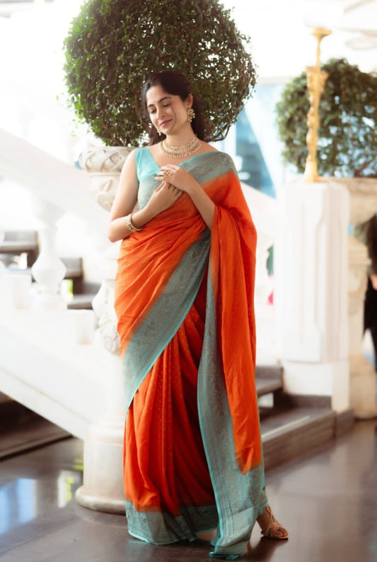 Orange N Blue Koniya Banarasi Pure Crepe Chiffon Saree